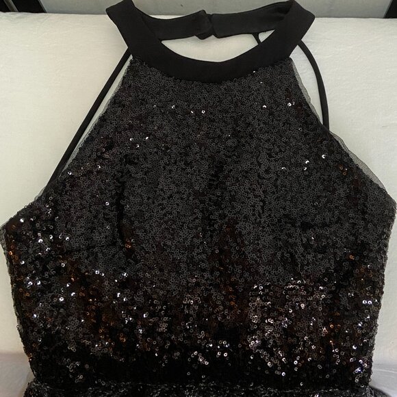 B Darlin Sequin High Neck Halter Open Back Ruffle Hem Mini Dress Black - Picture 5 of 15